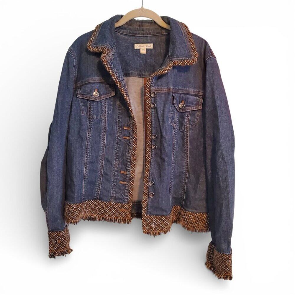 Vintage Y2k Fringe Sleeve Denim Jacket Women's Size 14 White Brown BLack Fringe